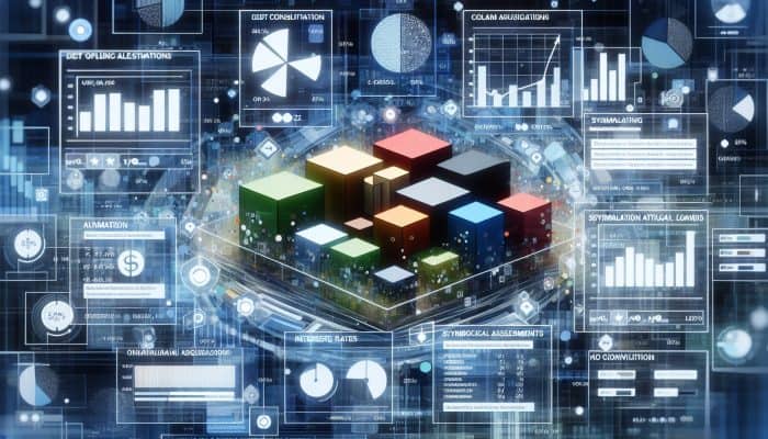 A digital interface showing various debt consolidation loan options with graphs and data visualisations.