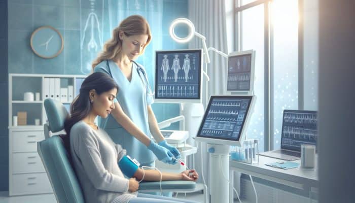 Pregnancy Blood Test in Liverpool: In Liverpool Women's Hospital, a nurse gently draws blood from a pregnant woman in a serene room with modern equipment and soft lighting.