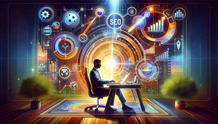 Small business owner at desk using SEO tools, with search icons transforming into rising sales charts, customers, and thriving storefront.