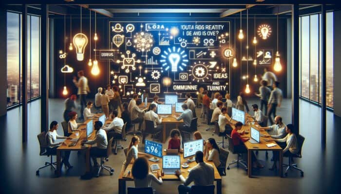 Creating Hosting Social Media Challenges: Diverse people brainstorming in a modern digital workspace, surrounded by glowing social media icons, idea lightbulbs, and community symbols.