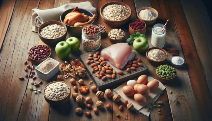 A vibrant still life of oats, nuts, chicken, and beans on a rustic table, symbolizing sustained energy.
