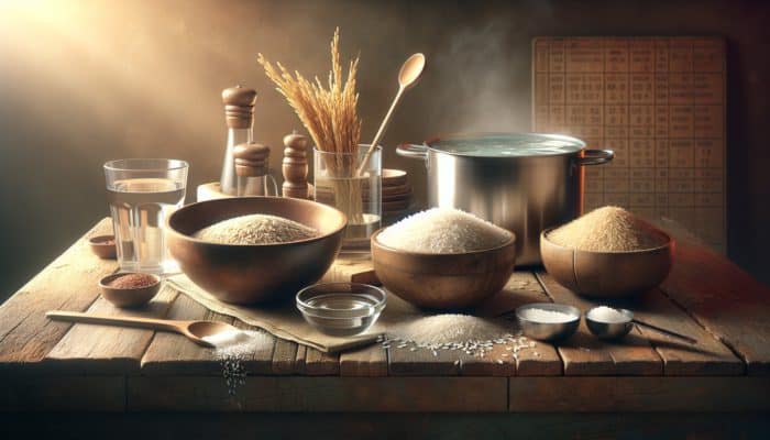 A vibrant still life of rice varieties, steaming water, salt, and measuring cups on a rustic wooden table in a warm kitchen.
