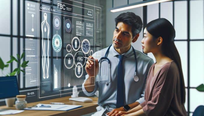 Healthcare professional discusses FBC results with patient in modern clinic, surrounded by charts and tools in soft lighting.