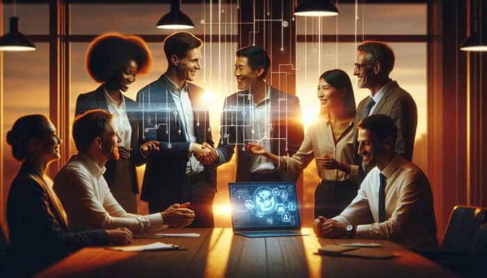 Diverse professionals in a modern boardroom shaking hands and reviewing strategy charts on a digital screen with warm lighting and confident expressions.