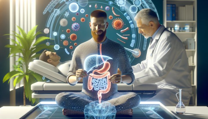 A serene acupuncture session in a modern UK clinic, focusing on men's digestive health, relieving IBS symptoms.