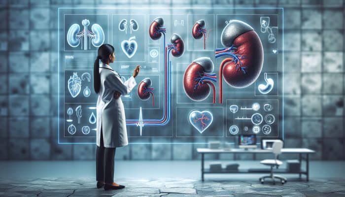 UK doctor in a modern NHS hospital analyses ferritin test results on a screen, surrounded by symbolic kidneys and hearts for chronic disease management.