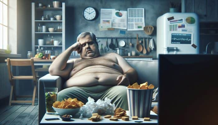 A middle-aged person lounging on a sofa, appearing fatigued and overweight, surrounded by snacks in a cluttered kitchen, indicating metabolism effects.