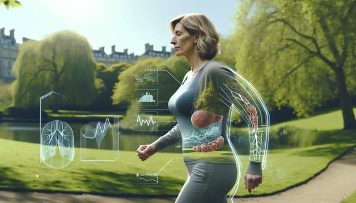 A middle-aged British woman in perimenopause, showcasing weight gain and muscle loss in a serene UK park, symbolising resilience and health awareness.
