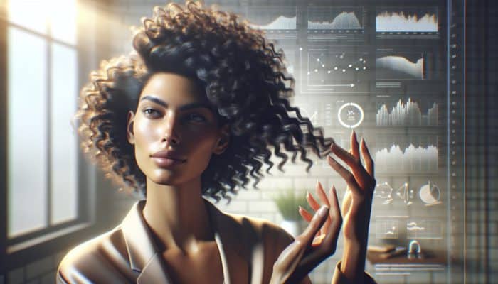 Confident woman with thick curly hair adding volume using fingers in a sunlit bathroom, highlighting bouncy waves.