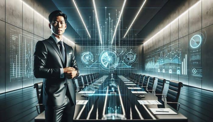 Advanced Negotiation Tactics for Consolidation Rates | DCL A sharp-suited negotiator in a high-tech boardroom, surrounded by holographic charts and beams of light symbolizing strategies.
