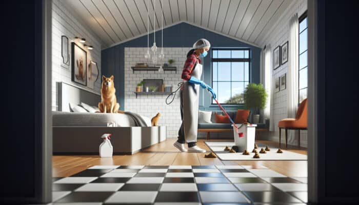 A pet owner in a bright home kneels to scoop dog waste and clean surfaces, while a cat watches from a clean bed.