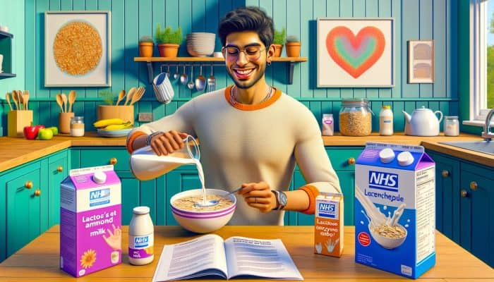 Content individual pouring oat milk into a bowl of cereal in a UK kitchen, surrounded by almond milk, lactase enzyme bottles, and NHS dietary guides.