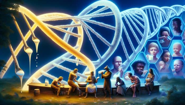 Illuminated DNA helix intertwined with ancient Northern European farmers milking cows, contrasted by diverse modern individuals reacting to dairy.