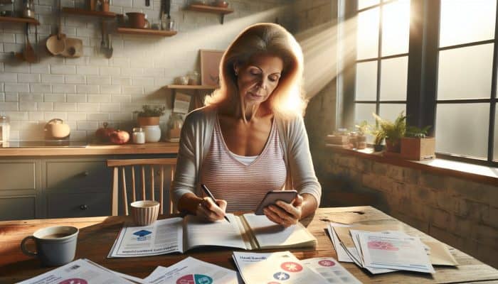 Middle-aged woman reviews diabetes appointment on smartphone at sunlit table, jotting notes in notebook amid health pamphlets.