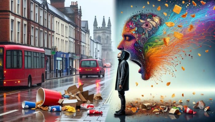 A weary person in rainy Cardiff street, surrounded by fast food wrappers and city stress, contrasted with vitality after eliminating gluten.