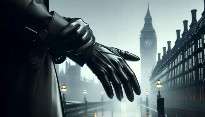 Close-up of sleek black latex gauntlet gloves on a professional in foggy London, with Big Ben and rainy weather.