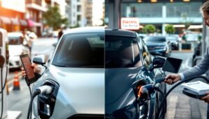 A split image shows two electric cars charging on a city street. On the right, an individual plugs in a blue car beneath an "Electric Car Rental" sign—ideal for those exploring their rental options.