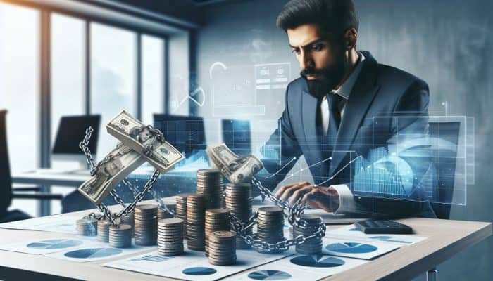 Is Debt Consolidation Only For Big Debts: Debunking the Myth | DCL A financial expert in a modern office analyses charts of small and large debts, with breaking chains on coins symbolising consolidation options.