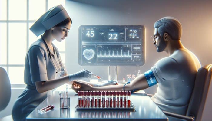 A nurse draws blood from a patient's arm in a clinic, with cholesterol-labeled test tubes and a monitor displaying lipid results.