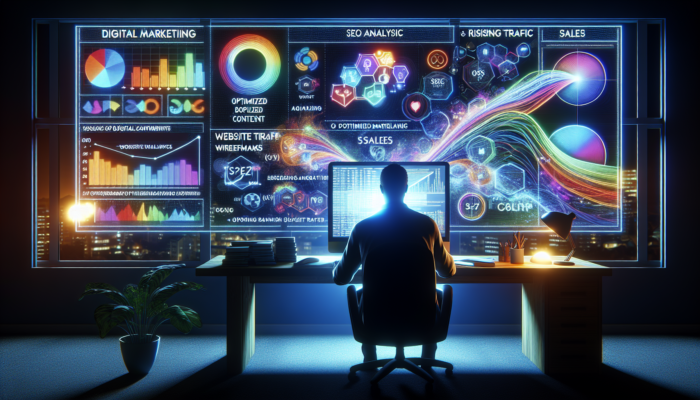 A digital marketer in Bridgwater analysing local keywords on a bright screen, surrounded by SEO charts and rising traffic graphs.