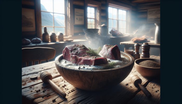 Thick bison steaks marinating in creamy yogurt and herbs in a wooden bowl on a weathered table, with soft sunlight highlighting textures.