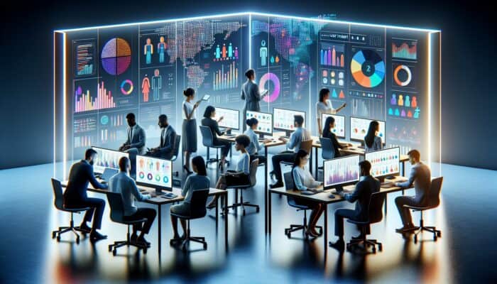 A diverse team of analysts in a modern office conducting user intent research, surrounded by screens displaying data charts, personas, and surveys.