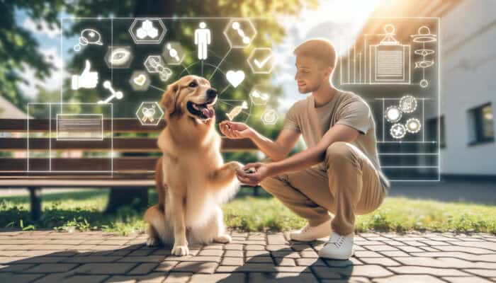 Cheerful owner in sunny park rewarding sitting golden retriever with treat, gently guiding its paw down.