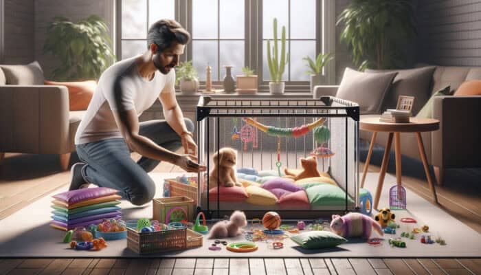 A person assembling a playpen for young cats: laying out colorful components, securing the frame, adding soft bedding, and placing toys.