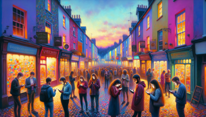 Dusk scene in Honiton: vibrant shops, locals on smartphones scrolling Facebook and Instagram, drawing crowds for community events.