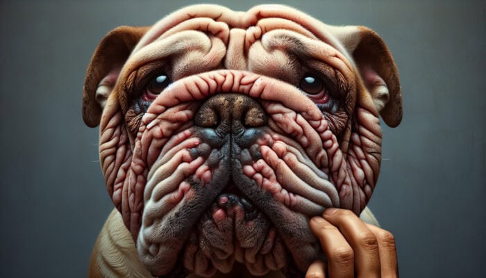 Close-up of an English bulldog with red, irritated skin folds, scratching its face with a distressed expression.