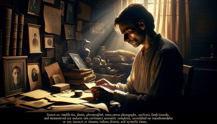 Grief-Friendly Tips for House Clearance: A somber person sorting faded family photos and heirlooms in a dimly lit room, face etched with grief and nostalgia.