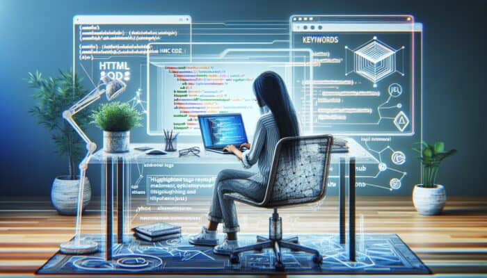 A web developer at a modern desk optimizes a webpage on a laptop, displaying HTML code with highlighted title tags, H1-H3 headers, keyword icons, and a content flowchart.