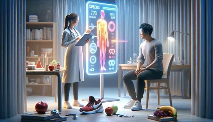 A doctor and patient review diabetes test charts on a screen in a clinic, with NICE guidelines and healthy living symbols nearby.