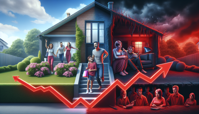 Illustration contrasting low interest rates with joyful family buying home and green graphs, versus high rates with stressed couple facing foreclosure and red lines.