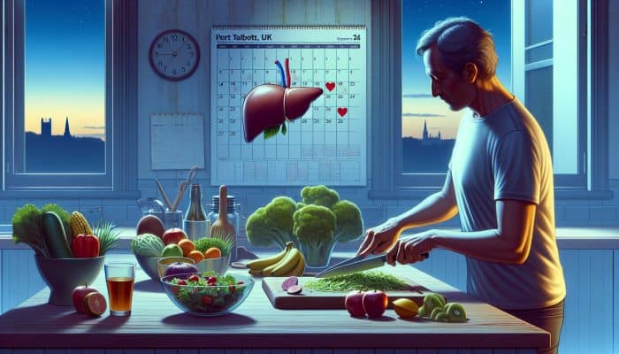 A middle-aged person in Port Talbot prepares a healthy meal of salads and vegetables, with a calendar marked for an upcoming liver blood test.