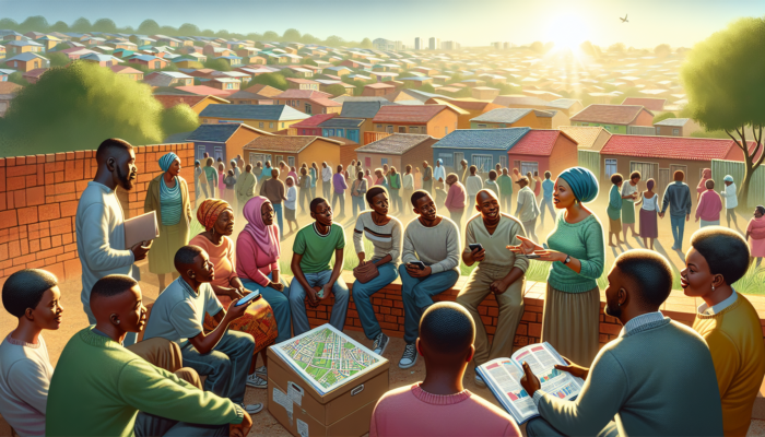 Diverse Soweto residents gather outdoors under a sunlit sky, discussing property values and safety using smartphones and maps amid colourful homes.