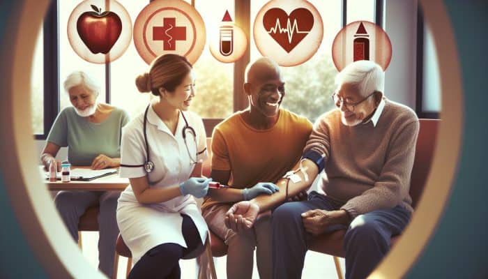 In a welcoming UK NHS clinic, a caring nurse draws blood from a smiling elderly patient, surrounded by informative health posters promoting early detection.