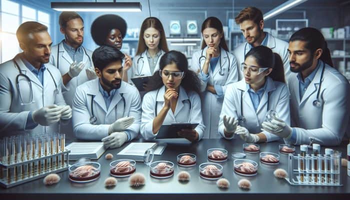 Medical professionals in white coats discuss shellfish intolerance testing in a Tipton clinic with lab equipment and samples.
