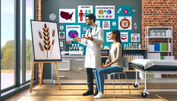 A doctor in a modern Willenhall clinic discusses gluten intolerance testing with a patient among medical tools and wheat symbols.