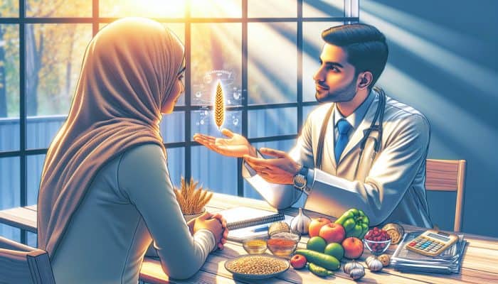 A compassionate doctor discusses gluten intolerance test results with a patient in a sunlit clinic, surrounded by symbols of fresh gluten-free foods.