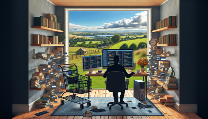 A skilled ecommerce developer in a cozy Coleford office, surrounded by computers displaying online stores, coding interfaces, tech books, and countryside views.