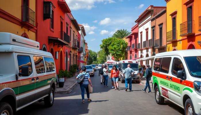 Vibrant street scene in San Miguel de Allende showcasing colonial architecture, friendly neighbours conversing, and visible community safety initiatives like neighbourhood watch signs and emergency service vehicles, creating a welcoming and secure atmosphere.
