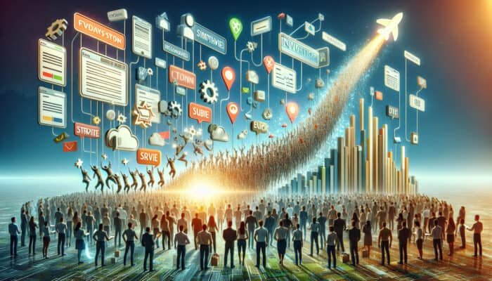 Users facing challenges with cluttered digital survey forms, contrasted by simplified interfaces featuring glowing badges, leading to abundant insights and symbols of brand growth.