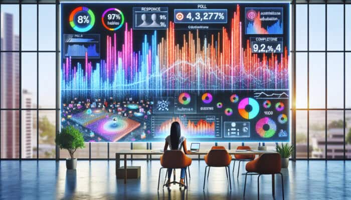 Content creator in modern office analyses colourful graphs of poll metrics on large screen with video thumbnails in background.
