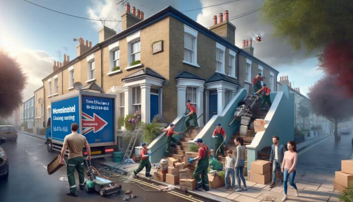 Professional movers in a busy UK street clear a cluttered house, transforming it into a pristine home, as a relieved family smiles nearby.