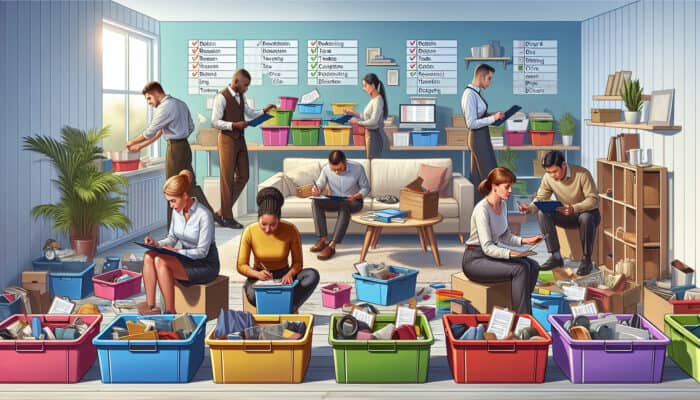 Professional organisers in a sunlit, cluttered living room sorting items into colour-coded bins labelled keep, sell, donate, dispose, using a checklist.