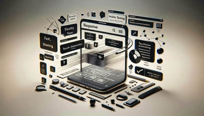 A sleek smartphone displaying a responsive website with fast animations, large touch buttons, clear fonts, and icons of SEO and testing tools.