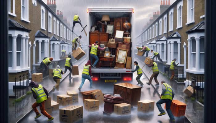 Workers in high-visibility vests load antique furniture and appliances into a branded van in a rainy UK suburb.