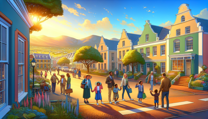 A lively street in historic Graaff-Reinet showcasing Cape Dutch houses, lush gardens, families walking to school under a sunny sky.