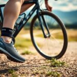 A person in athletic shoes and an ankle strap stands next to a bicycle on a gravel path, with grassy fields and distant hills in the background under a partly cloudy sky.